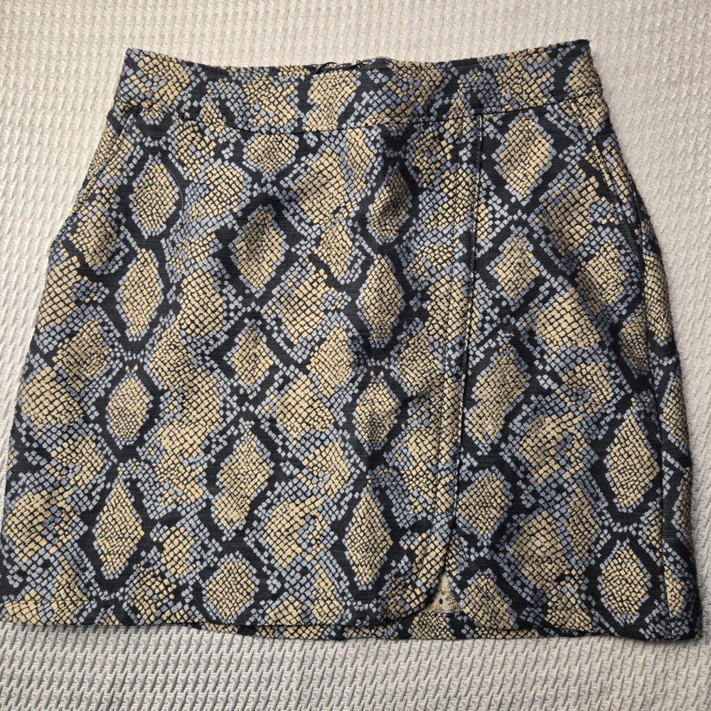 Express Snakeskin Print High Rise Wrap Mini Skirt Blue Gold Jacquard Size 0 NEW‎